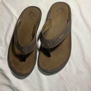 OluKai Men’s Brown & Dark Brown Leather Flip Flops